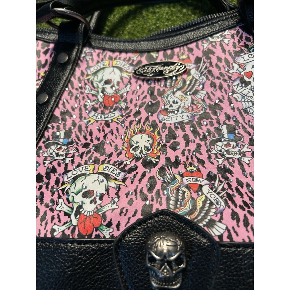Ed Hardy Pink Leopard Tattoo Skull Rhinestone Satchel Y2K Crossbody Bag EUC!! - Picture 3 of 12